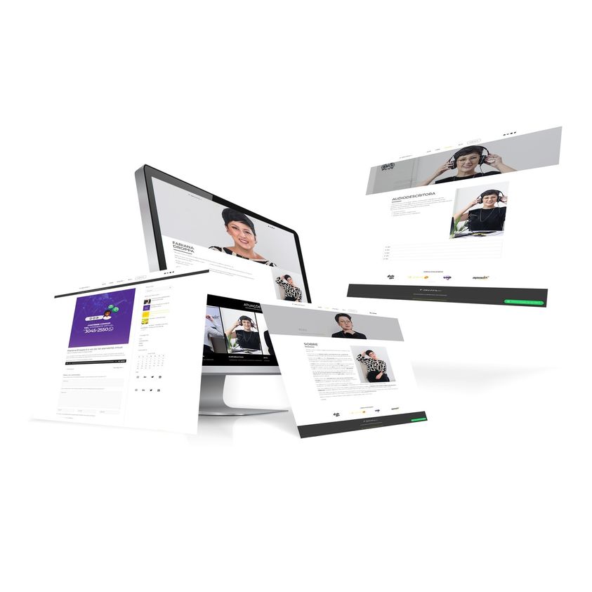 Fundo branco. Mockup de um computador com prints do meu site. 3 telas saltam da tela do computador