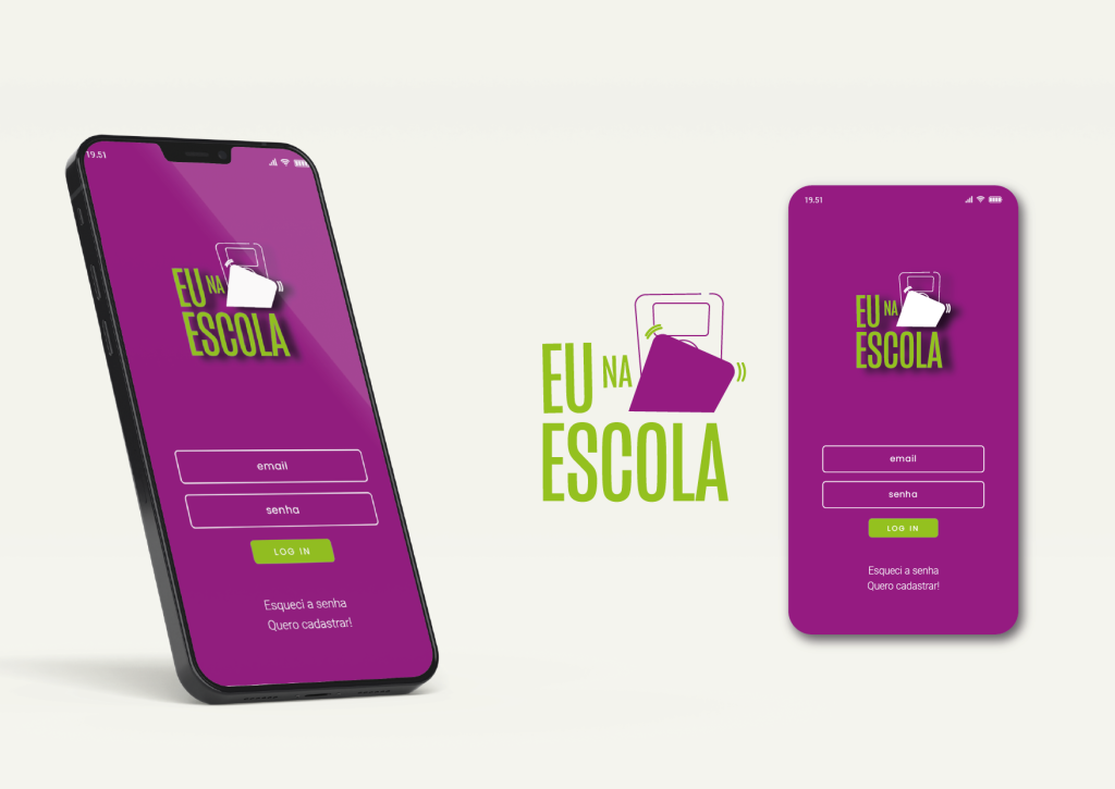 mockup de celular com a tela inicial do aplicativo eu na escola, a logo do app ao centro e depois somente o layout da tela inicial.